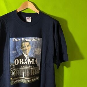 y2k Obama Our President "Change Begins Now" Graphic T Shirt Mens XL
